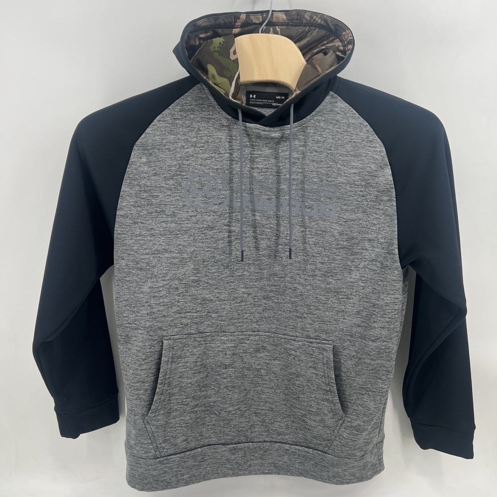 Under Armour Hoodie Mens Medium Gray Black Camo Fleece Pullover Athletic Warm